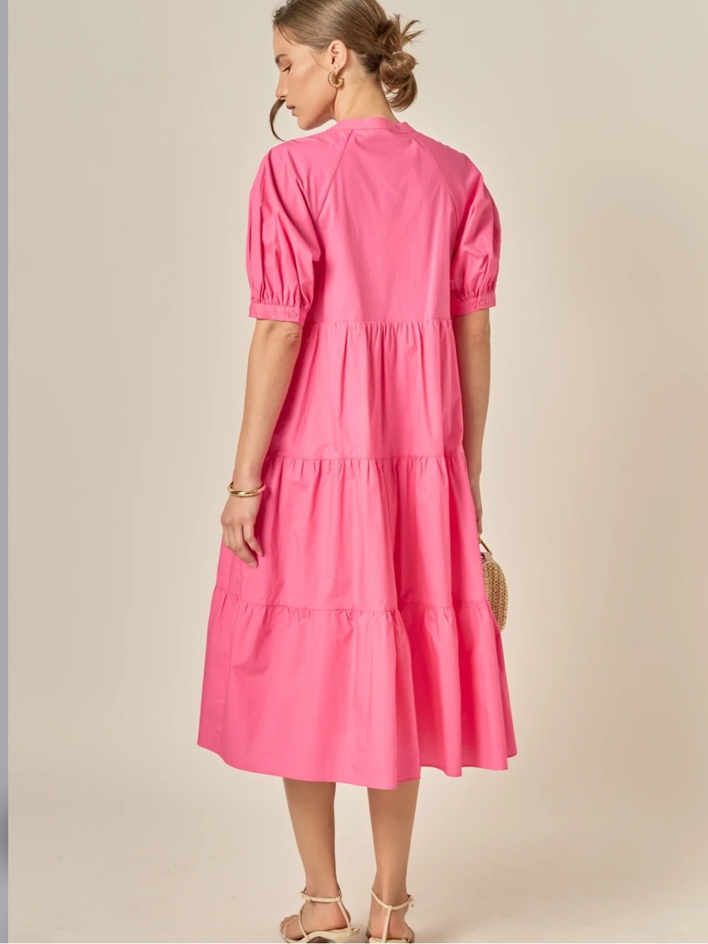 NWT English Factory Balloon Sleeve Pink Tiered Midi Shirt Dress Large Buttons
